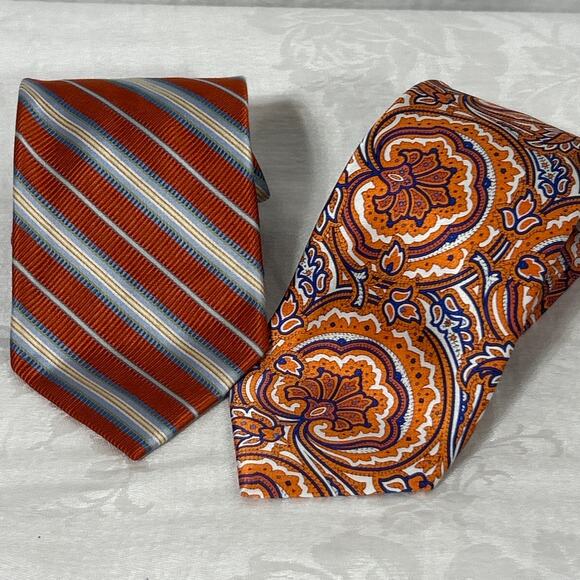 WH Belk Countess Mara 100% Silk Tie Lot of 2 Orange Blue Striped Paisley - Picture 1 of 4